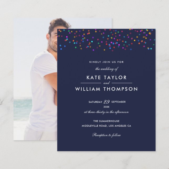 Budget Rainbow Confetti Navy Blue Wedding Invite (Front/Back)