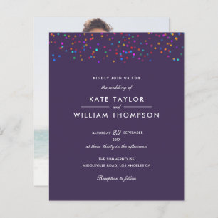 Budget Rainbow Confetti Purple Wedding Invitation