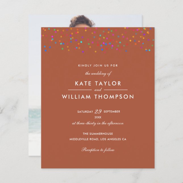Budget Rainbow Confetti Terracotta Wedding Invite (Front/Back)