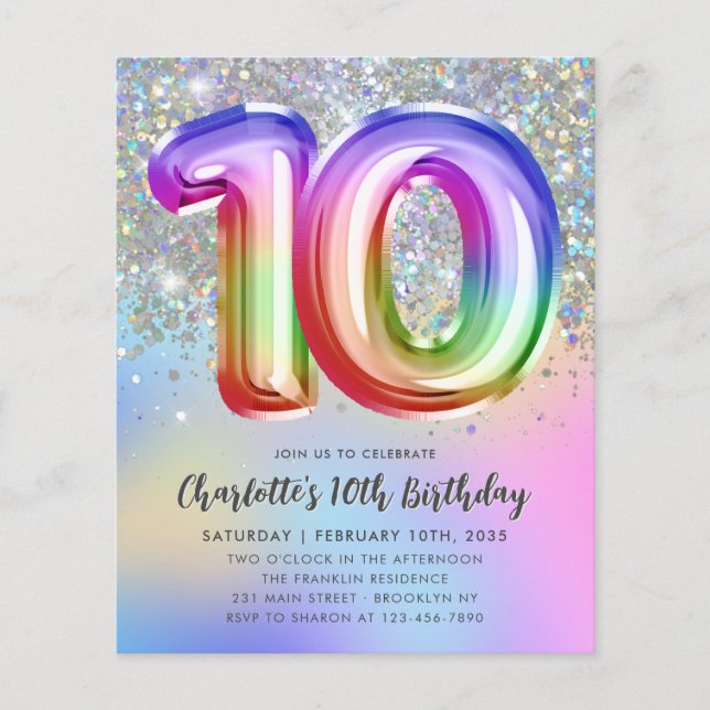 Budget Rainbow Glitter Foil Balloon 10th Birthday (Front)