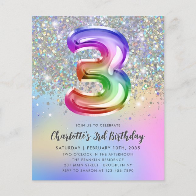 Budget Rainbow Glitter Foil Balloon 3rd Birthday (Front)