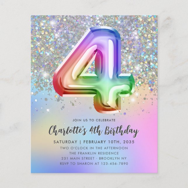 Budget Rainbow Glitter Foil Balloon 4th Birthday (Front)