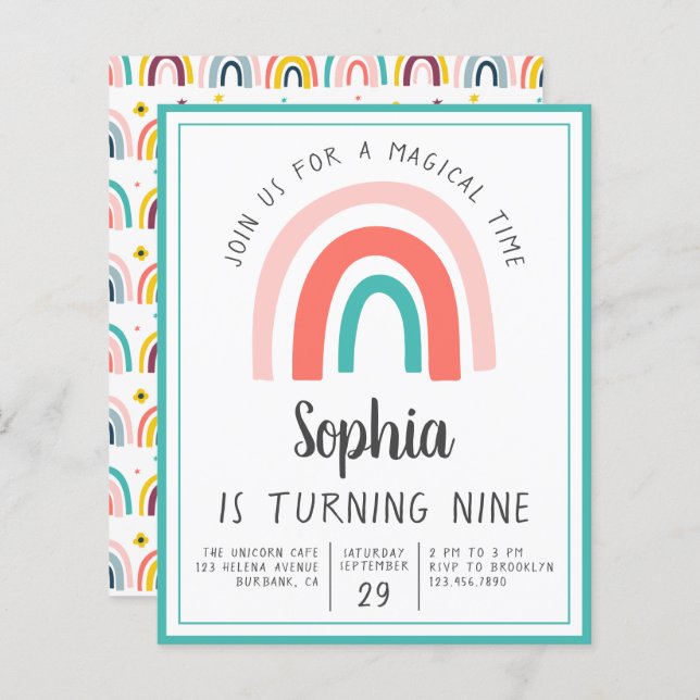 Budget Rainbow Magical Birthday Party Invitation (Front/Back)