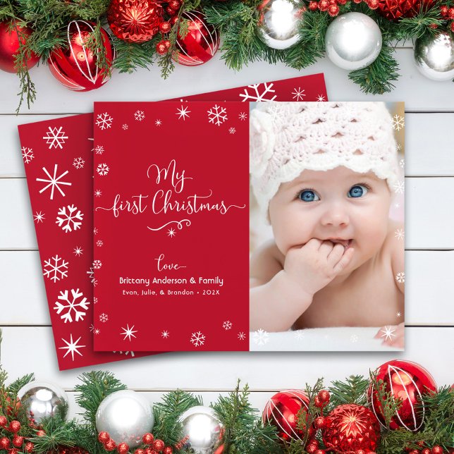 Budget Red 1st Christmas Baby Photo Snowflake Card (Creator Uploaded)