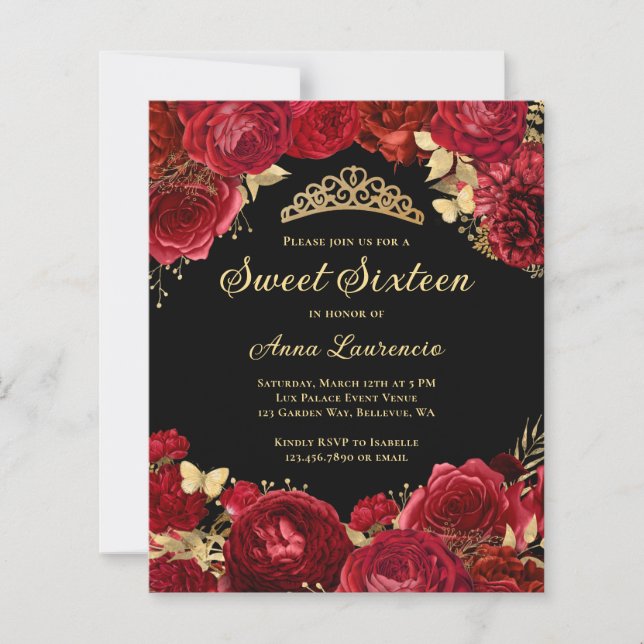 Budget Red Black Floral Sweet 16 Party Invitation (Front)