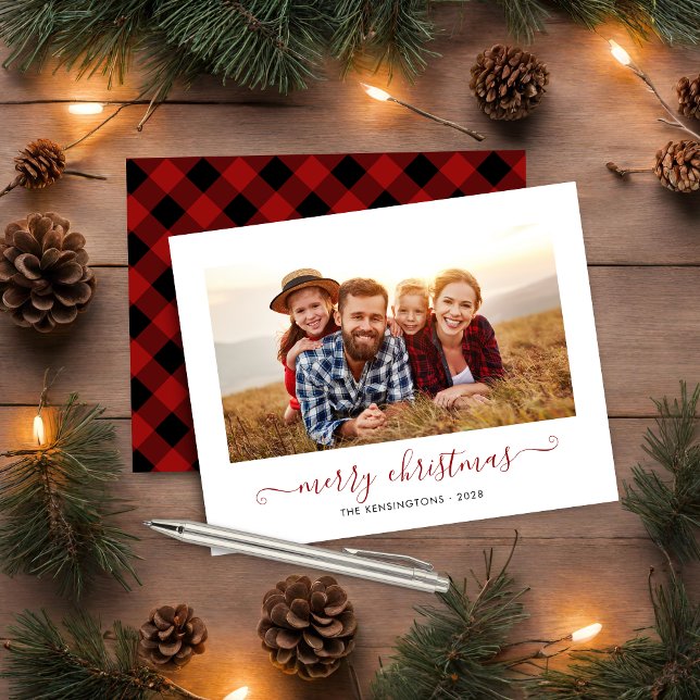 BUDGET Red Buffalo Plaid Script Christmas Photo (BUDGET Red Buffalo Plaid Script Christmas Photo Holiday Card)