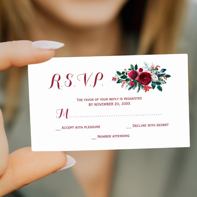 Budget red burgundy winter floral wedding RSVP Enc Card (Available in bigger sizes)