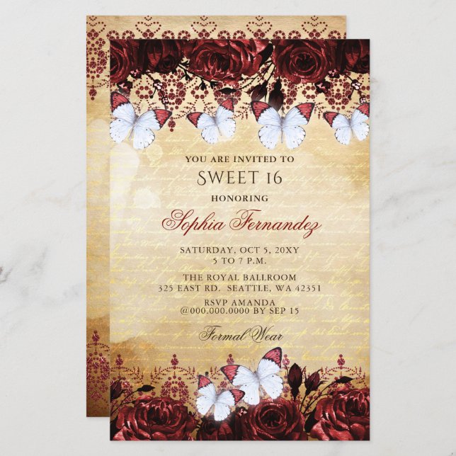 Budget Red Butterfly Sweet 16 Invitation (Front/Back)
