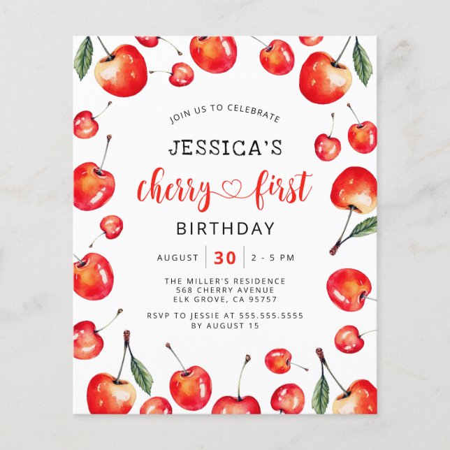 Budget Red Cherry First Birthday Invitation (Front)
