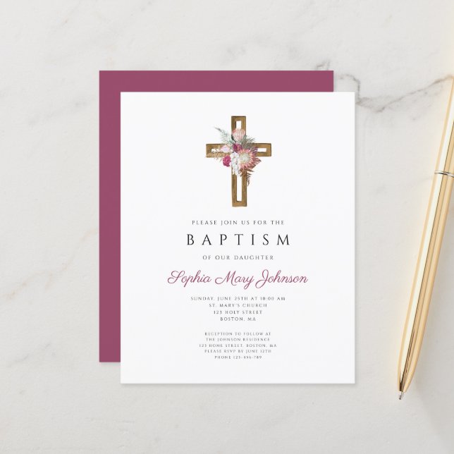 Budget Red Floral Boho Cross Baptism Invitation (Front/Back In Situ)