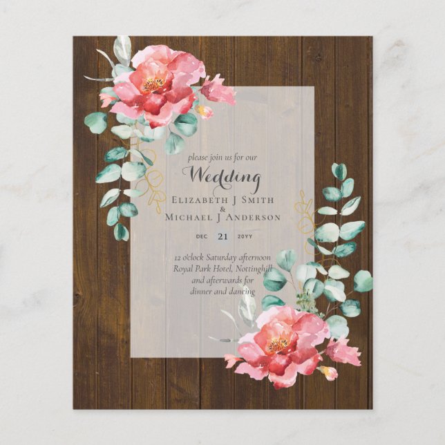 BUDGET Red Floral Eucalyptus Greenery Leaf WEDDING Flyer (Front)