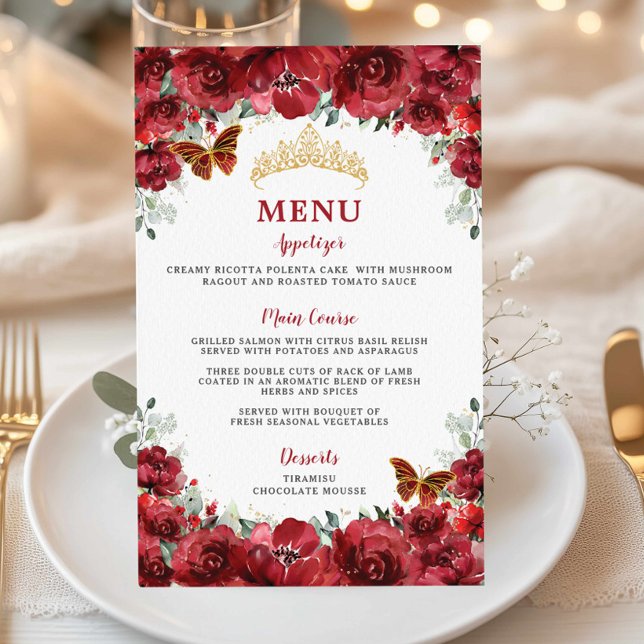 Budget Red Floral Gold Sweet 16 Quinceañera Menu (Creator Uploaded)