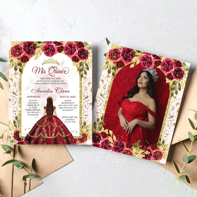 BUDGET Red Floral Princess Gold Photo Quinceanera (Creator Uploaded)
