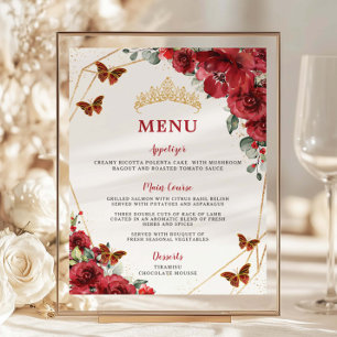 Budget Red Floral Quinceanera XV Birthday Menu 