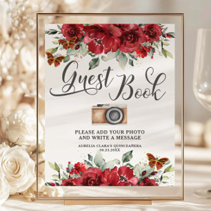 Budget Red Floral Quinceanera XV Guest Book Photo