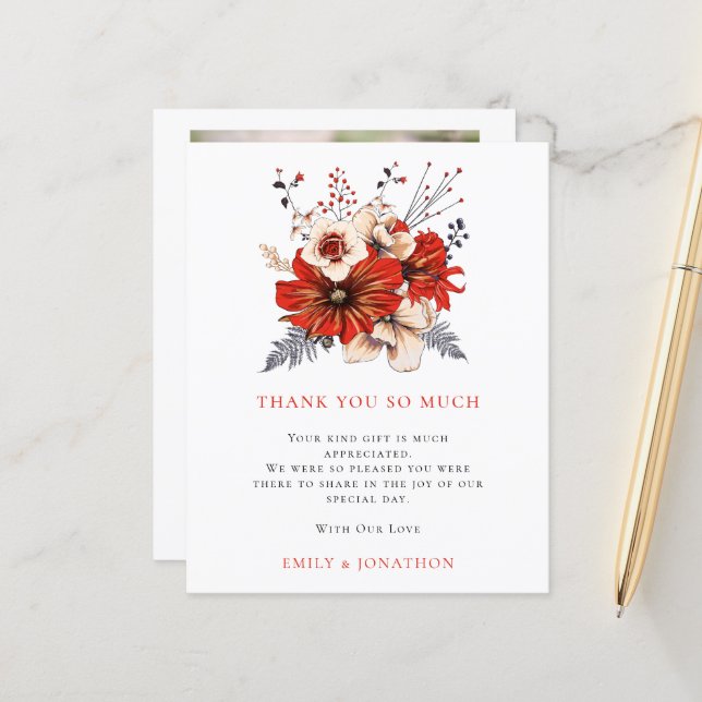 BUDGET Red Florals Quote Wedding 3 Photo Thanks (Front/Back In Situ)