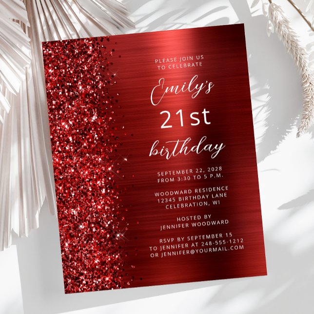 Budget Red Glam Glitter 21st Birthday Invite (Creator Uploaded)