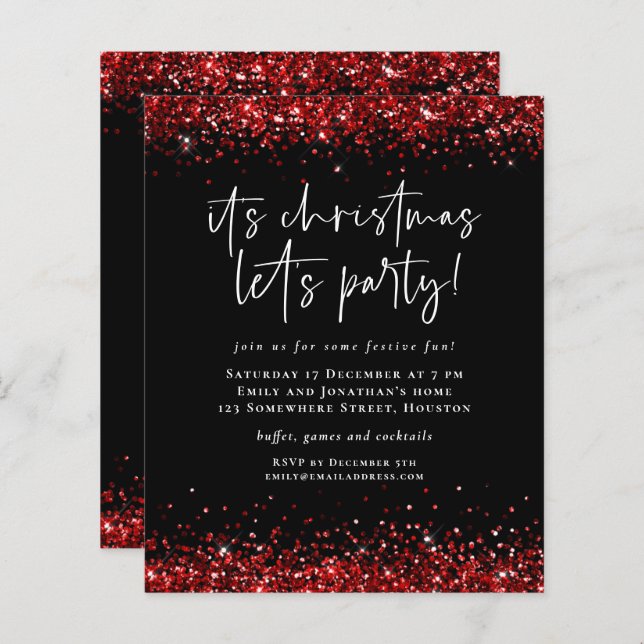 Budget Red Glitter Christmas Fun Party Invite (Front/Back)