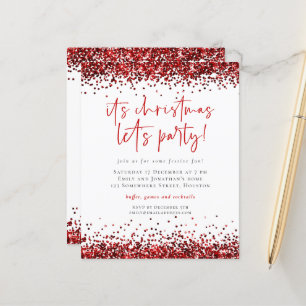 Budget Red Glitter Christmas Lets Party Invite