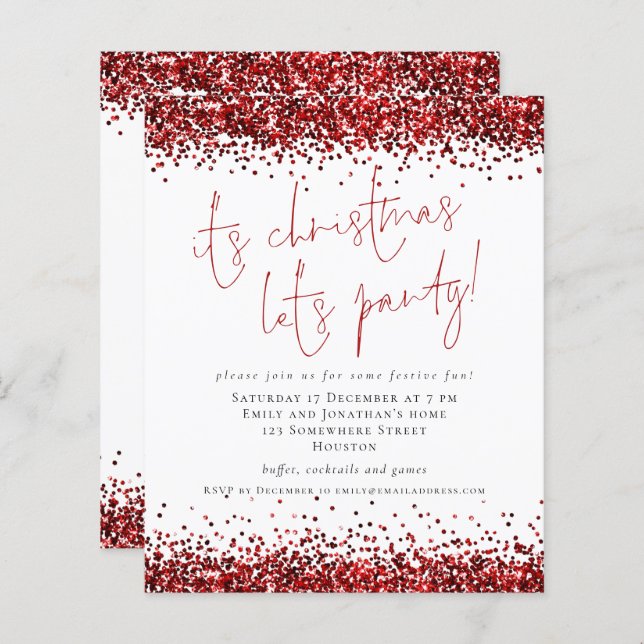Budget Red Glitter Its Christmas Lets Party Invite (Front/Back)