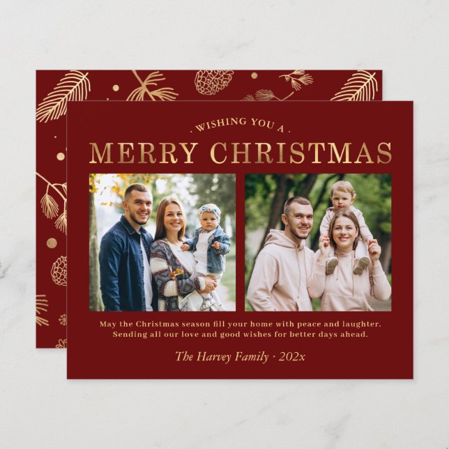 Budget Red Gold 2 Photo Merry Christmas Cards (Front/Back)