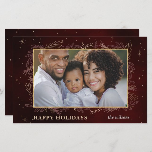 Budget Red Gold Botanical Photo Holiday Card (Front/Back)