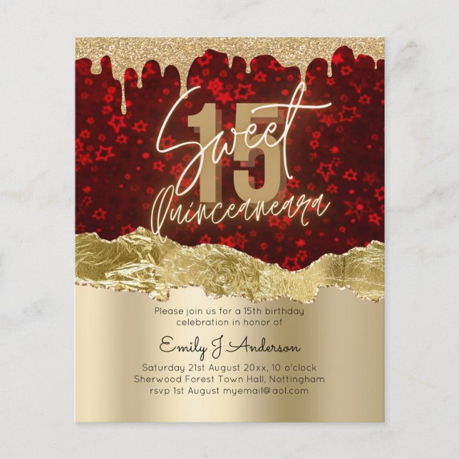 BUDGET Red Gold Foil Glitter Quinceanera 15th Flyer (Front)