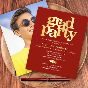 Budget Red Gold Photo Grad Party Minimalist Invite