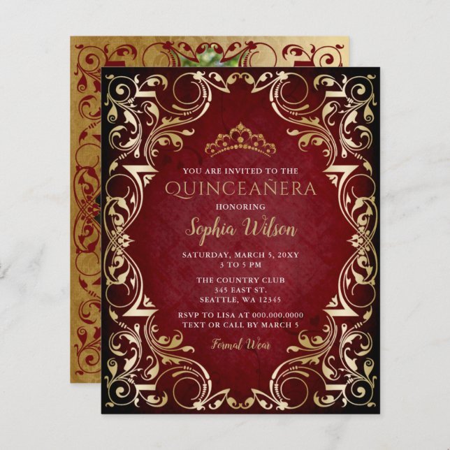Budget Red Gold Tiara Quinceañera Photo Invitation (Front/Back)
