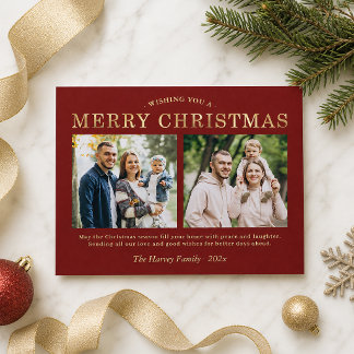 Budget Red Gold Two Photo Merry Christmas Card