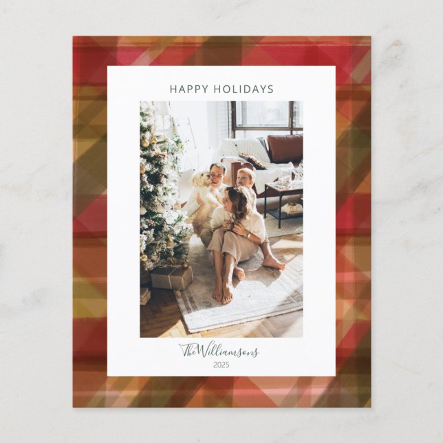 Budget Red Green Rustic Plaid Photo Christmas Card (Front)
