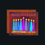 Budget Red Hanukkah Candles Peace Love Light Card<br><div class="desc">“Peace, love & light.” A playful, modern, artsy illustration of boho pattern candles in a menorah helps you usher in the holiday of Hanukkah. Assorted blue candles with colourful faux foil patterns overlay a rich deep brick red orange textured background. Faux copper diamond pattern foil on a brick red background...</div>