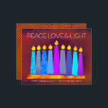 Budget Red Hanukkah Candles Peace Love Light Card<br><div class="desc">“Peace, love & light.” A playful, modern, artsy illustration of boho pattern candles in a menorah helps you usher in the holiday of Hanukkah. Assorted blue candles with colourful faux foil patterns overlay a rich deep brick red orange textured background. Faux copper diamond pattern foil on a brick red background...</div>