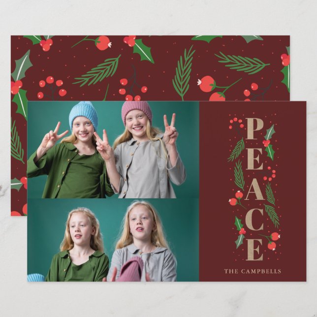 Budget Red Holly Berry Peace Photo Holiday Card (Front/Back)