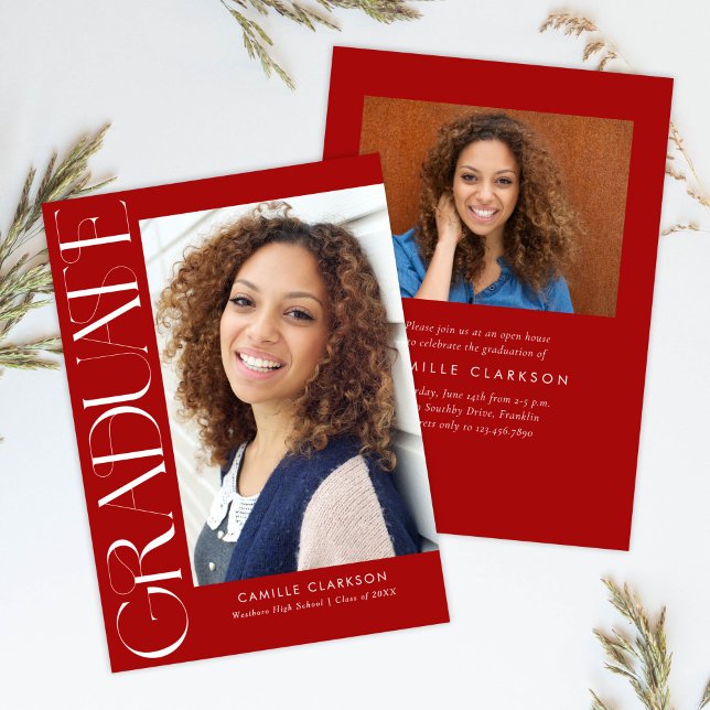 Budget Red Modern Vertical Two Photo Graduation Invitation (Creator Uploaded)