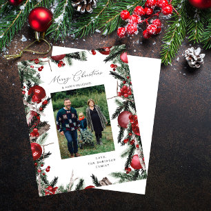 Budget Red Ornaments & Pine Merry Christmas Photo