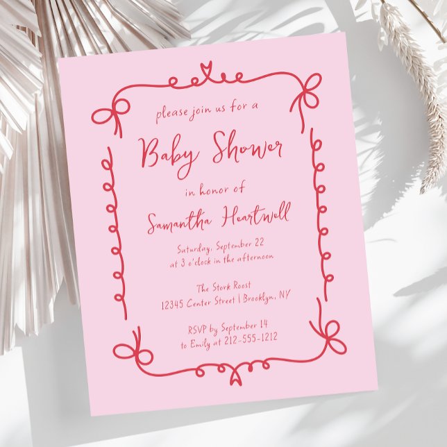 Budget Red Pink Hand Drawn Girl Baby Shower Invite (Creator Uploaded)