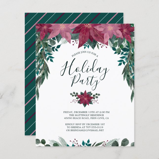 Budget Red Pink Poinsettias Holiday Party Invite (Front/Back)