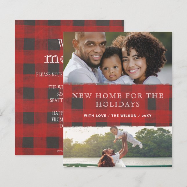 Budget Red Plaid New Home Photo Holiday Card (Front/Back)