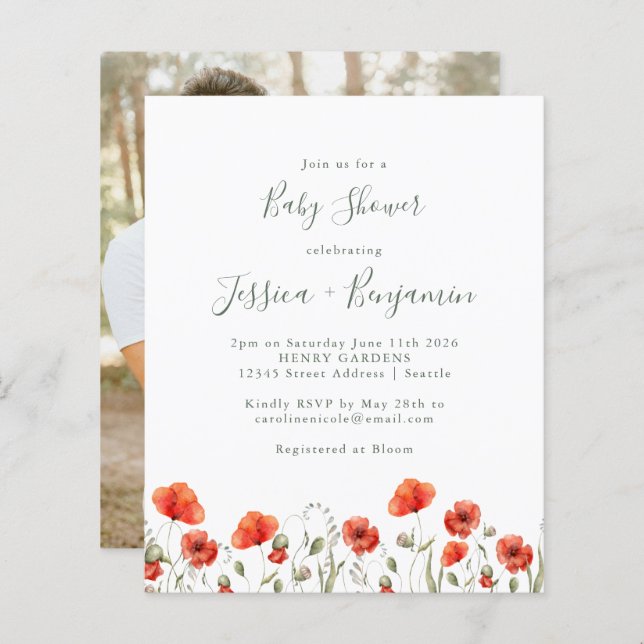 Budget Red Poppy Floral Baby Shower Photo Invite (Front/Back)