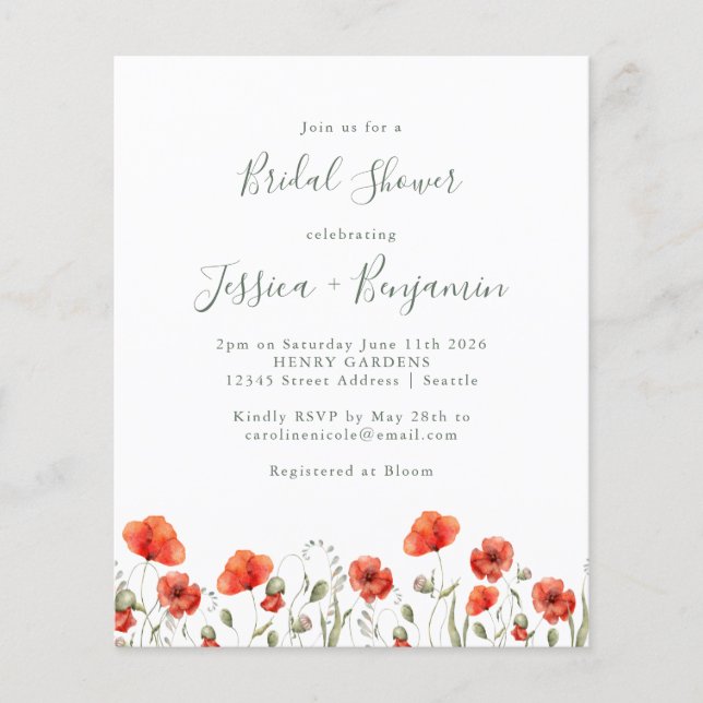 Budget Red Poppy Garden Floral Bridal Shower   (Front)
