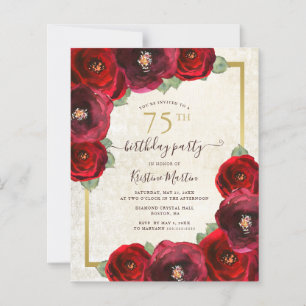 Budget Red Rose Floral 75th Birthday Party Invite