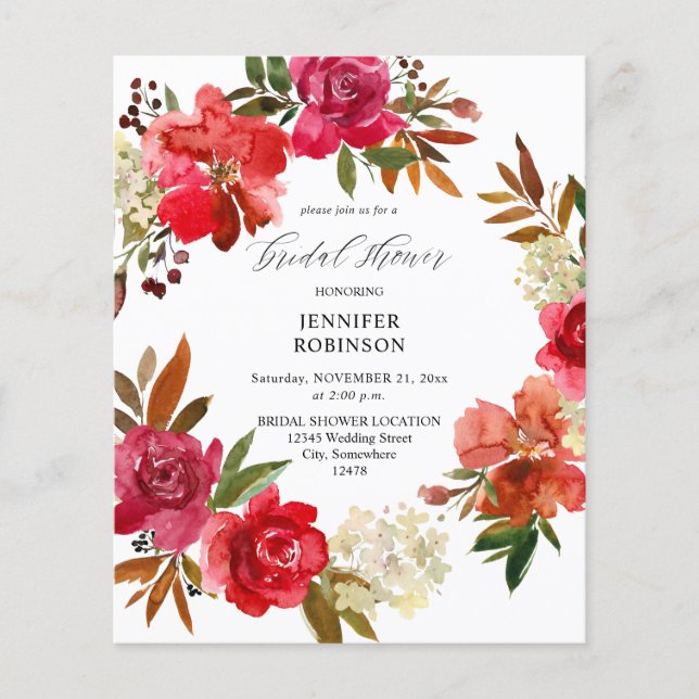 Budget Red Rose & Pink Floral Bridal Shower Flyer (Front)