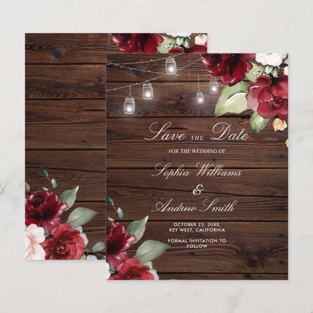 BUDGET Red Rose Rustic Wood Save The Date (Front/Back)