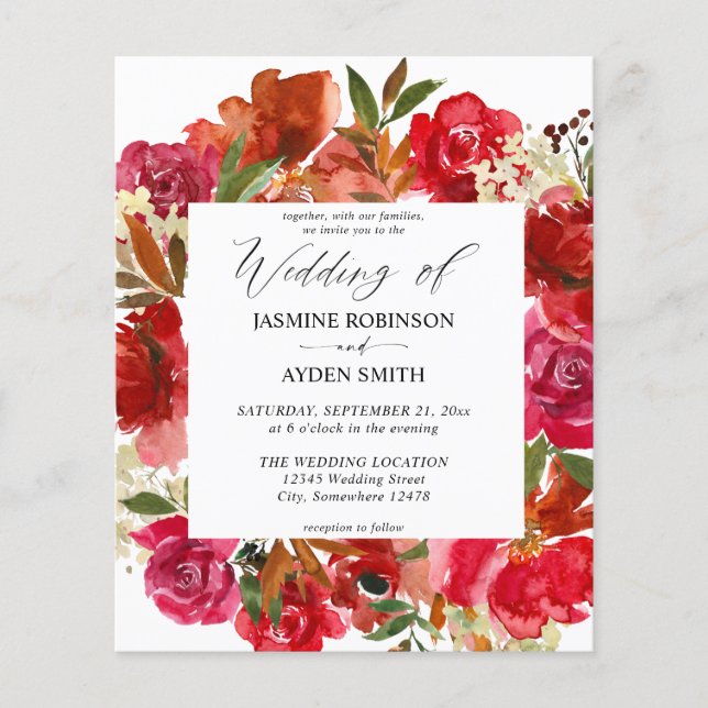 Budget Red Rose & White Floral 1 Wedding Flyer (Front)