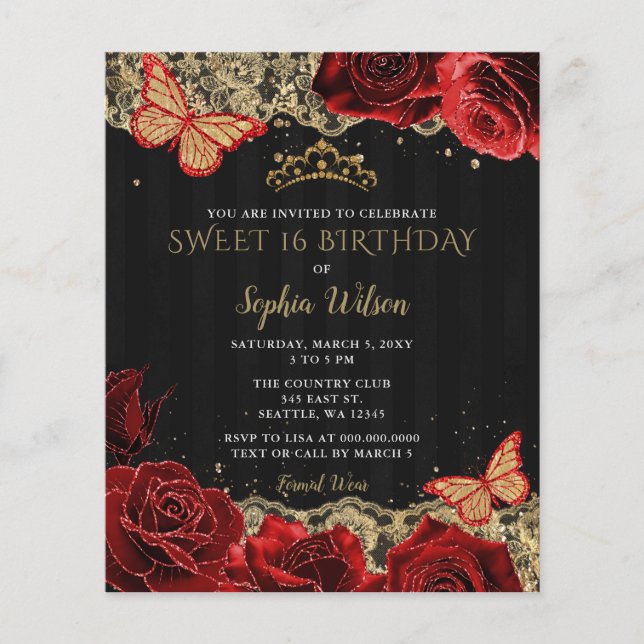 Budget Red Roses Black Gold Sweet 16 Invitation (Front)