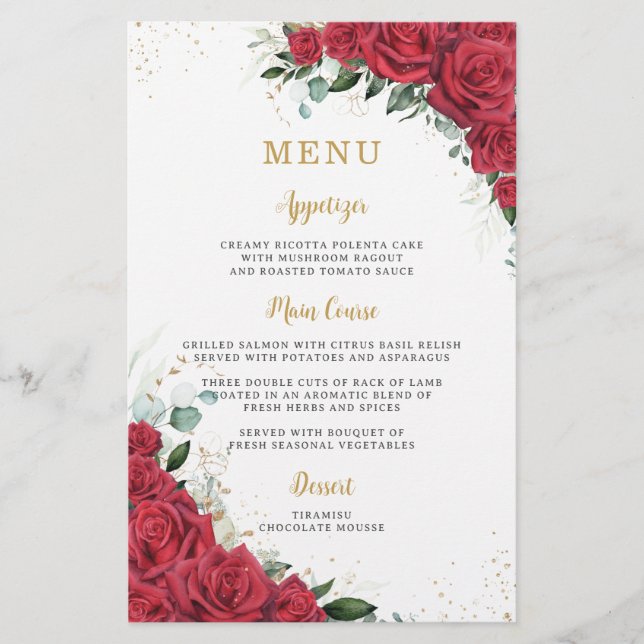 Budget Red Roses Floral Flowers Menu Sheet (Front)