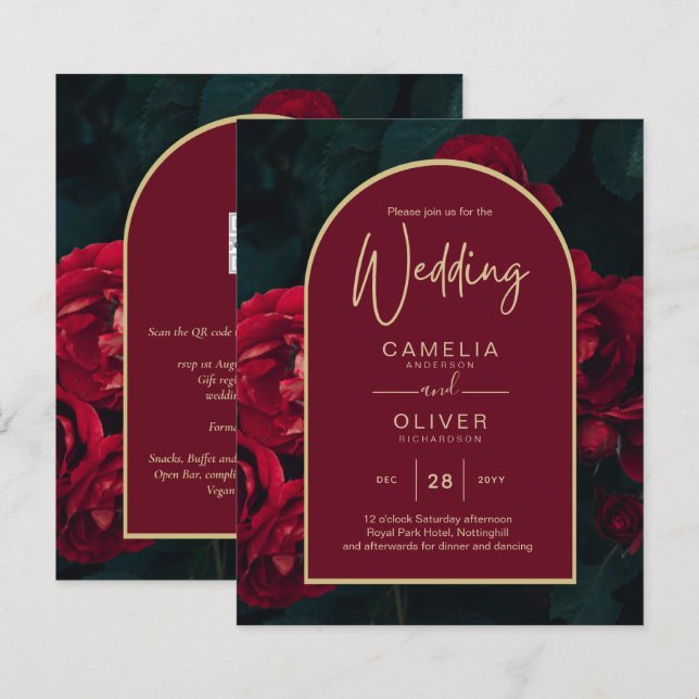BUDGET Red Roses ForestGreen Winter Wedding INVITE (Front/Back)