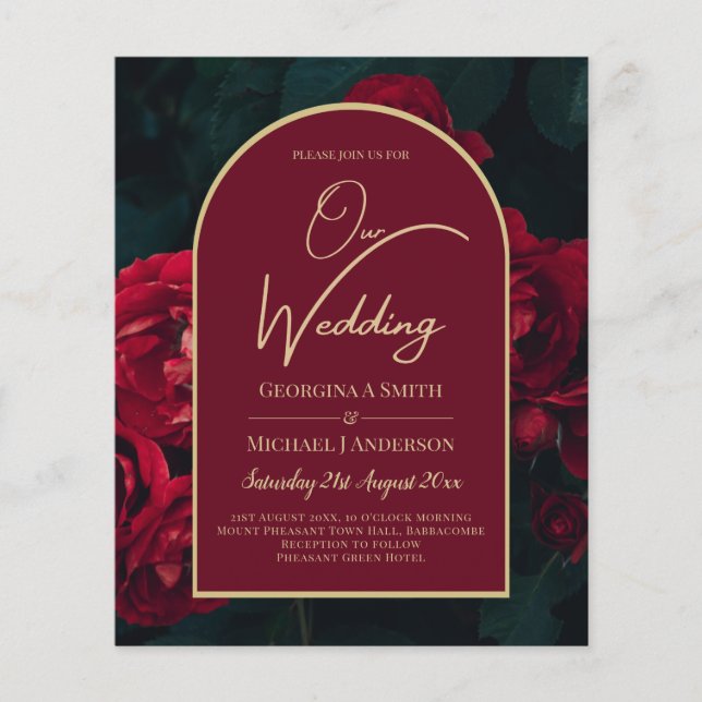 BUDGET Red Roses ForestGreen Winter Wedding INVITE Flyer (Front)