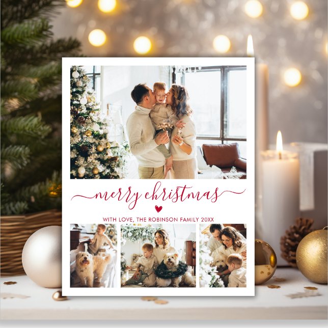 Budget Red Script 4 Photo Collage Christmas Card (Creator Uploaded)